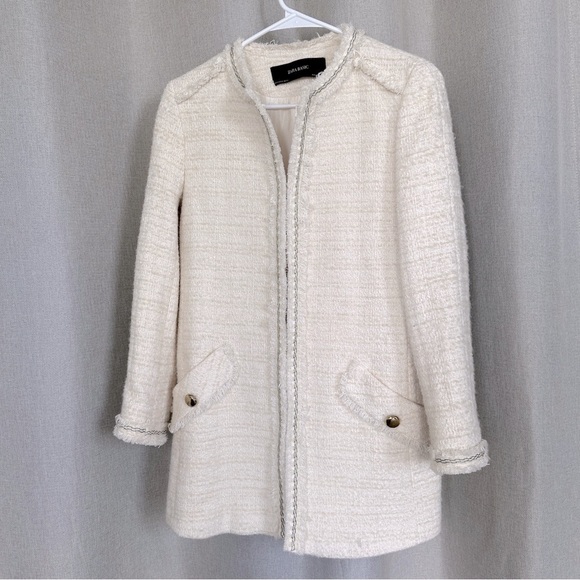Zara Cotton Wool Ivory Ecru Tweed Long Sleeve Middle Cardigan XS - Picture 2 of 16